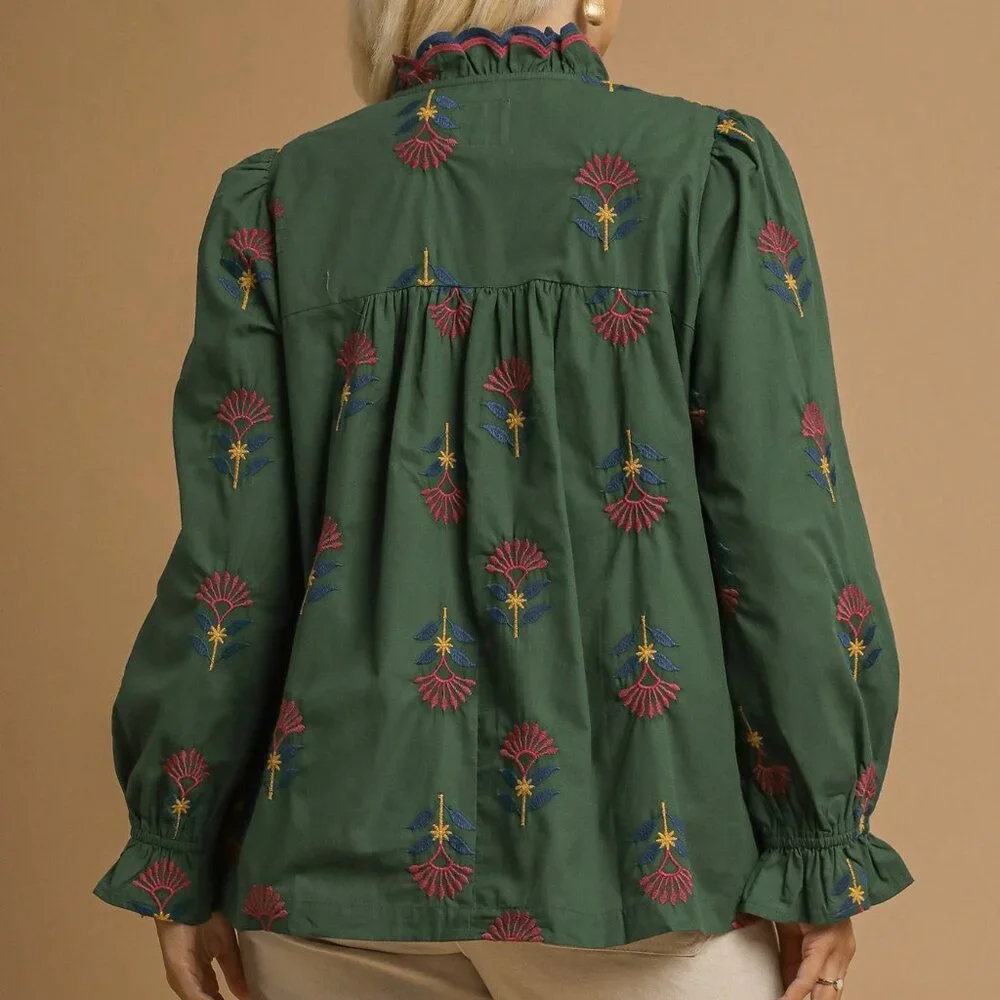 UMGEE Embroidered Floral Ruffle Neck Blouse - Hunter Green - Picture 6 of 7